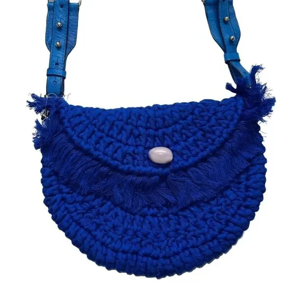 Free People Indigo Blue Macramé Crescent Bag Slouchy Tassel Crossbody, New - Picture 3 of 9